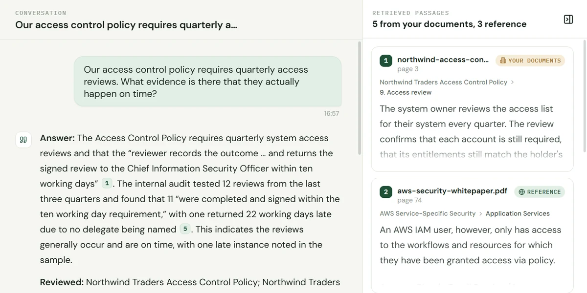 Iris answering a question about access reviews, with inline citations beside the passages they came from