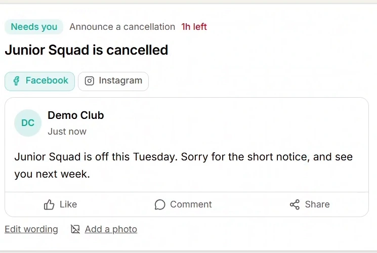 Viktor's approval queue showing a drafted cancellation post with Facebook and Instagram tabs, what it was based on, and Approve, Try again and Reject buttons