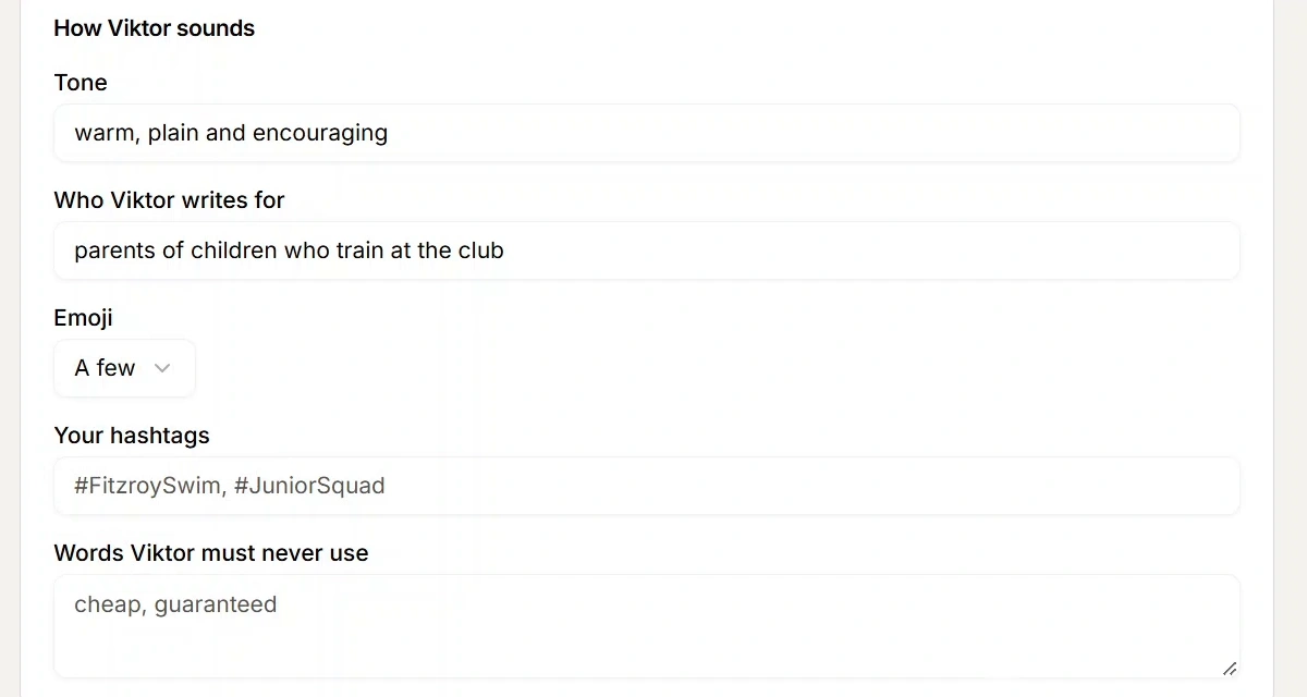 Viktor's settings for a club's voice: tone, who it writes for, emoji, hashtags and banned words