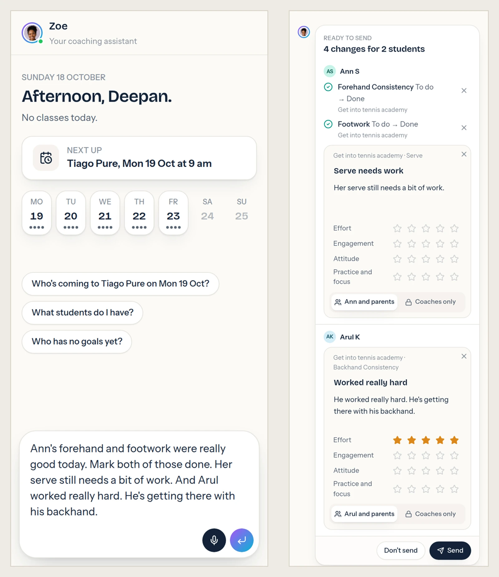 A spoken recap about two students and the review card Zoe builds from it, grouped by student, with Send and Don't send buttons