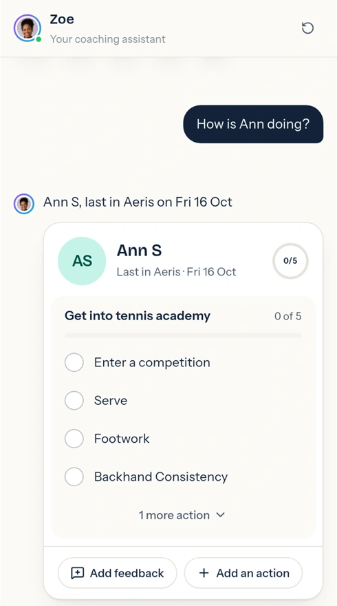 A coach asks Zoe "How is Ann doing?" and gets Ann's card with her goals